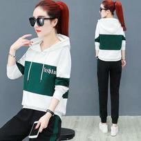 Fashion Splicing Casual Running Sports Two-Piece Suit Gym Tracksuit Women Outfit Korean Loose Hooded Sweatshirt Oversized S tamsiai žalia spalva