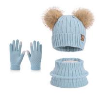 3Pcs/ Set Fleece Lined Kids Hat Scarf Gloves Set Pompom Knitted Hats  Outdoor Cold Protection