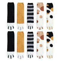 5 Pairs Women Socks Thick Coral Fleece Cartoon Cat Paw Shape Color Matching Mid Tube Elastic Anti-slip Warm Daily Home Wear Socks Sets