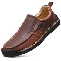 Men's Casual Leather Slip-on Loafers with Stitching, Flat Low-top Large Size 38
