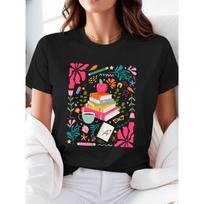 Cute Teacher Book Stack Graphic T-Shirt Women’s Crew Neck Short Sleeve Colorful Floral School Supplies Print Top S