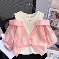 French Fashion Design Stitching Fake Two Short Sleeved Shirts Summer Loose Western Style  T Shirt 120cm
