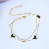 Gold Plated Stainless Steel Double Layer Black Heart CZ Anklet