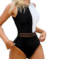 Women's Black & White Patchwork One-Piece Swimsuit - Elegant Style for Vacation & Hot Springs Large