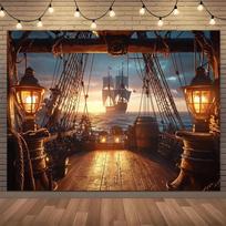 1 golden dusk pirate ship sailing scene background cloth, retro-style party banner, outdoor decoration 100x150cm