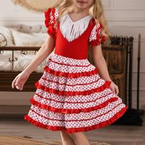 Girls Flamenco Dance Dress Tiered Ruffle Skirt Short Sleeve V Neck Princess Style Party Costume Dress for Kids 100