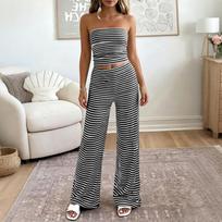 Women Casual Strapless Tube Top and Wide Leg Pants Set Elastic Waistband Two Piece Lounge Outfit for Vacation Home Wear S