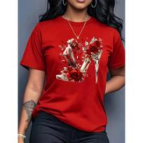 Short Sleeve Crew Neck Vibrant Crystal High Heel Rose Graphic Print Women's T-Shirt Urban Style Printed Design in Vibrant Colors M