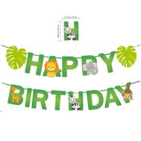 Animacinis lapuotas gyvūnas Gimtadienio vėliavėlės Girlianda Spiralinis pakabukas Torto kortelė Kūdikio gimtadienio vakarėlio dekoracija 1 new birthday green leaf animal flag