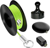 Magnetic cable extractor tool with nylon-coated hook and green-yellow flexible line for threading tubes, dark lines, electrical