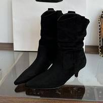High Quality Faux Suede Kitten Heel Ankle Boots Women Fashion Pointed Toe Sewing Pleated Designer Boots Comfortable Modern Boots 35