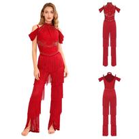 S-XXL Women's Samba Dance Costume: One Piece Halter Off Shoulder Backless Rompers with Rhinestones Tiered Tassels for Ballroom Party S