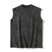 Men's Vintage Washed Sleeveless T-Shirt - Casual Crew Neck Tank Top with Chest Pocket S