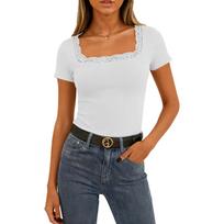 Women's Casual Lace Stitching Short Sleeve Square Collar Top XL