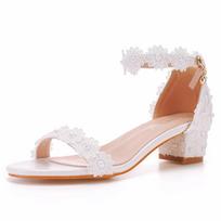 7cm Thick Heel Shallow Mouth One-length Strap Beaded Square Heel Sandals White Lace Bridal Wedding Shoes Thick Heel Sandals 36
