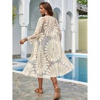 New Sun Protection Bikini Cover up Sunflower V-Neck Woman Bikini Cover-up Embroidered Lace Beachwear Beach One Size smėlis
