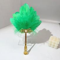 Gold Handle Feather Hand Fan Vintage Ornate Fairy Fan Handheld Fan Faux Pearl Chinese Style Chinese Style Fan Wedding Party žalia