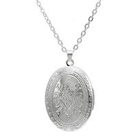 Photo Box Necklace Oval Carved Flower Stripe Locket Pendant for Women