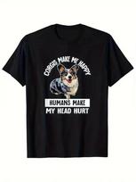 Men's Funny Corgi Dog Lover T-Shirt -  My Head Hurts  Graphic, Black Casual Cott M
