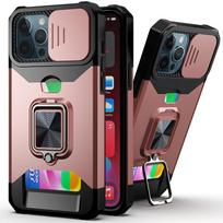 for iPhone 13 12 11 Pro Max Case, Kickstand with Slide Camera, Built-in 360 Rotate Ring Stand Magnetic Card Slot Credit Cover for iPhone 7 8 rožinė