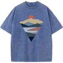 benber vintage Men's Retro Triangle Maca Sunset Short-Sleeved Shirt Fashion Casual Washed T-Shirt Cotton Summer Cotton Bleached Tshirt S