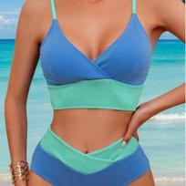 Women's Ribbed Color Block High Waisted Bikini Set Wrap Front Crop Top Tummy Control Two Piece Sexy Summer Beach Swimwear S mėlyna