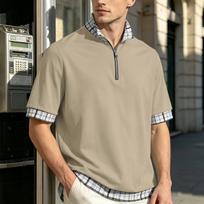 Men's Short Sleeve Polo Shirt with Half Zip Collar Layered Look Casual Loose Fit Big Size Plaid Pattern L ruda