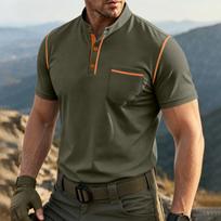 Men Short Sleeve Henley Shirt with Contrast Stitching Casual Button Front Pocket Design Comfortable Fit Top L