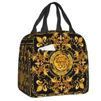 Custom Golden Lion And Damask Ornament Portable Lunch Boxes Women Multifunction Baroque Cooler Thermal Food Insulated Lunch Bag 22x20x13cm