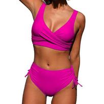 2Pcs/Set Women Summer Bikini Set V-Neck Sleeveless Bra High Waist Side Drawstring Briefs Set Tummy Control Bating Suit Swimwear 2XL rožinė raudona spalva