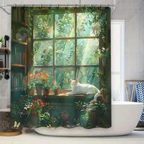 Graceful White Cat Sunbathing on Windowsill with Lush Greenery and Vibrant Flowers Perfect Home Decor Shower Curtain Easy-Clean (as the picture,90X180cm(35x70in))