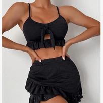 New Eyelet Embroidery 3 Piece Bikini Set Spaghetti Strap Front Tie Bow Ruffle Trim High Waisted Skirted Modest Cute Women's Swimsuit S juoda