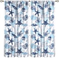 Blue & White Beach Sea Starfish Seashell Ocean Theme Curtain,Room Darkening Thermal Insulated Window Curtain 2 Panels For Living 53x116CM-2PC