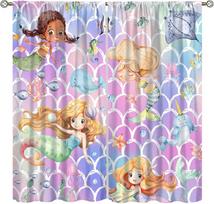 Mermaid Window Curtain, Girl Cartoon Mermaid Tail Fish Scale Treatment Curta For Nursery Dining Room Kitchen Bedroom Office 53x116CM-2PC