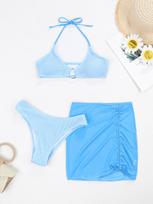 2024 Candy Color Lace-Up Halter Three-Piece Bikini Set with Sheer Skirt L dangaus mėlyna spalva