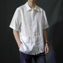 Men's Linen Blend Short Sleeve Shirt, Casual Button-Down Cuban Collar Shirt With Pockets M