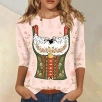Women's Casual 3/4 Sleeve Oktoberfest Print Pullover Shirt Round Neck Lightweight Top for Daily Wear and Festivals L smėlis