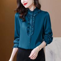 Mulberry Silk Ruffled Blouse with Fungus Collar Simulation Silk Stand-up Collar Shirt Women's Western Style Shirt S