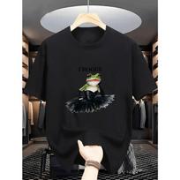 Trendy Funny Frog Print Black Short Sleeve T-Shirt Crew Neck Loose Fit Basic Tee for Streetwear, Unisex Design S