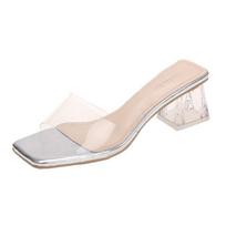Square Toe PVC Women High Heel Sandals Slides Slippers Pumps Open Toe Breathable Summer Footwear for Ladies Outdoor Daily Beach 35 sidabras
