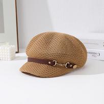 Versatile Hollow Octagonal Beret Hat Leather Buckle Breathable Beach Straw Hat Spring Summer Painter Hat Sunshade Cap