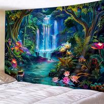 A vibrant jungle landscape polyester background - jungle and waterfall prints, suitable for living room and bedroom decoration (as the picture,100x150cm)