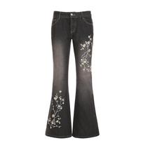 Women's High Street Retro Flared Jeans with Plant Embroidery and Low Waist Extra Large juoda