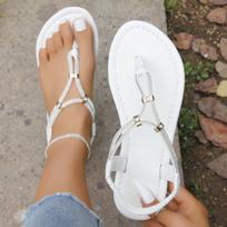Summer New Large Size Flat Sandals Rhinestone Toe Cover Women's Sandals Versatile Beach Fashion Sandals 36 balta