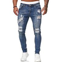 Madingos gatvės stiliaus suplėšyti siauri džinsai vyrams, vintažinio plovimo, vienspalviai džinsiniai kelnės, vyriškos laisvalaikio, slim fit, pieštuko formos džinsinės kelnės S mėlyna