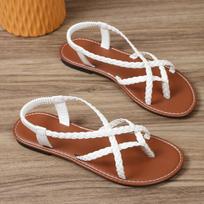 Fashionable Thong Casual Flat Sandals  Newly Knitted Feet Elastic Band Roman Beach Shoes Large Size Women's Shoes 36