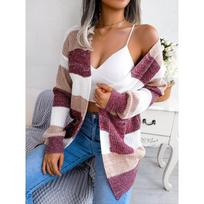 Autumn Winter Striped Long Sleeve Women Cardigan Sweater Jacket Casual Loose Contrasting Color Coats Simple Knitted Office Pockets Women's Clothing S