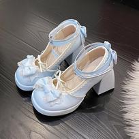 mėlyni aukštakulniai storu padu, storu kulnu, saldūs, mieli, japoniško stiliaus, minkštos mergaitės, vaikiški medžiaginiai, lolita, aukštakulniai, vandeniui atsparūs, su platforma, bateliai su kaspinėliu 35