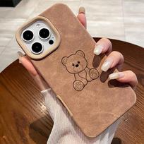 Cartoon Simple Bear Faux Leather Phone Case For iPhone 11 12 13 14 15 16 17 Pro Max XS X XR 16 Plus 17 Air Shockproof Soft Cover iPhone XS Max