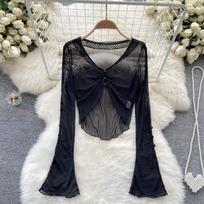 Summer Spicy Sheer Mesh Long Sleeve Cropped Top - Petite Women's Unique Design One Size juoda